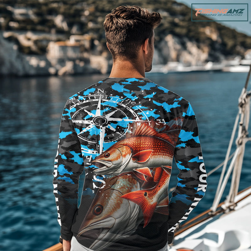 Redfish( Red Drum) Fishing Shirt For Men, Blue Camo Compass Long Sleeve Fishing Jersey NHT1766