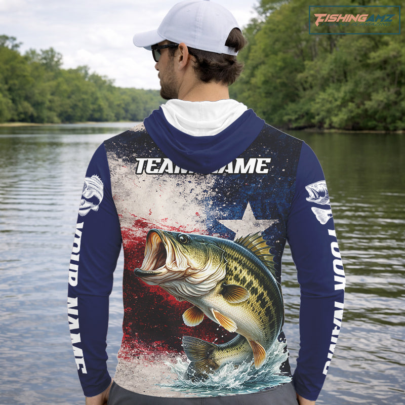 Personalized Bass Custom Texas Flag Performance Fishing Shirts, Bass Fishing Shirts Long Sleeve Hooded For Men NHT607
