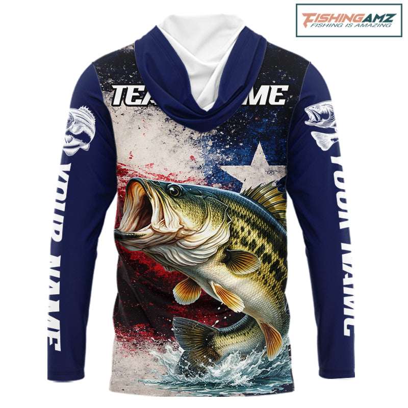 Personalized Bass Custom Texas Flag Performance Fishing Shirts, Bass Fishing Shirts Long Sleeve Hooded For Men NHT607