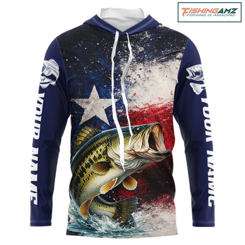 Personalized Bass Custom Texas Flag Performance Fishing Shirts, Bass Fishing Shirts Long Sleeve Hooded For Men NHT607