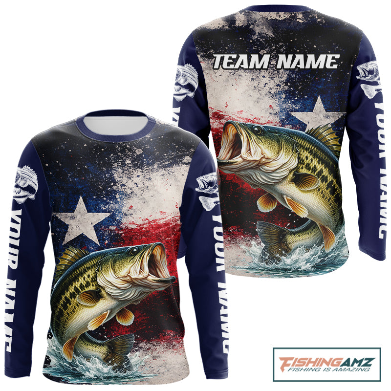Personalized Bass Custom Texas Flag Performance Fishing Shirts, Bass Fishing Shirts Long Sleeve For Men NHT607