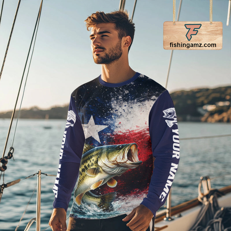 Personalized Bass Custom Texas Flag Performance Fishing Shirts, Bass Fishing Shirts Long Sleeve For Men NHT607