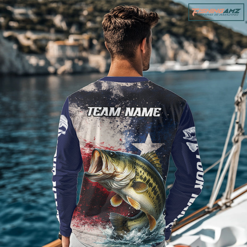 Personalized Bass Custom Texas Flag Performance Fishing Shirts, Bass Fishing Shirts Long Sleeve For Men NHT607