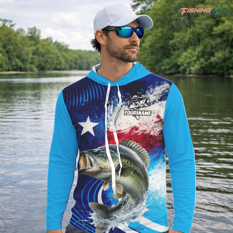 Largemouth Bass Hooded Fishing Shirts Long Sleeve Texas Flag Custom Name Team Name, Fishing Gift NHT608