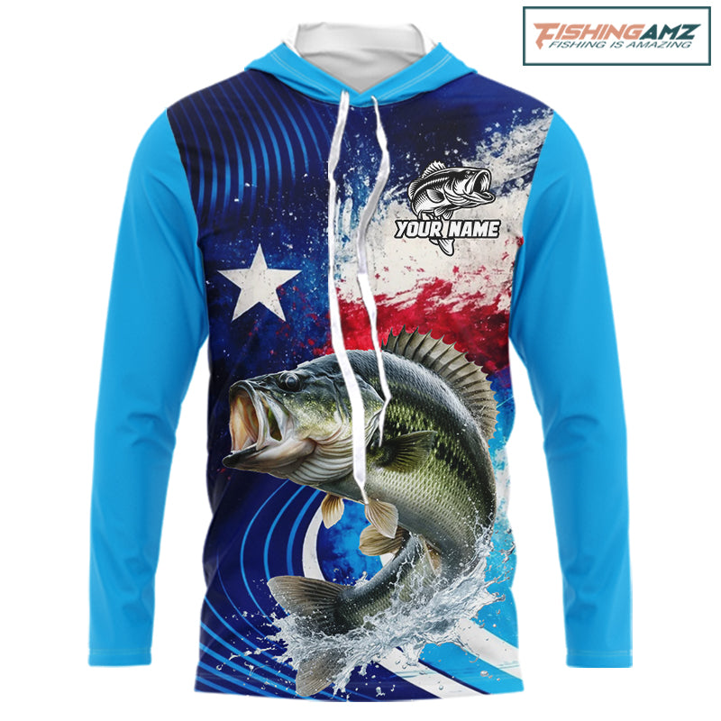 Largemouth Bass Hooded Fishing Shirts Long Sleeve Texas Flag Custom Name Team Name, Fishing Gift NHT608