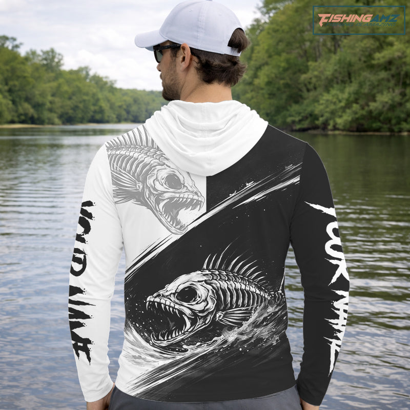 Personalized Fish Skeleton Hooded Fishing Shirts Jerseys, Fish Reaper Skull Fishing Shirts For Men NHT824