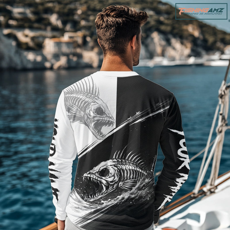 Personalized Fish Skeleton Fishing Shirts Jerseys, Fish Reaper Skull Fishing Shirts For Men NHT824