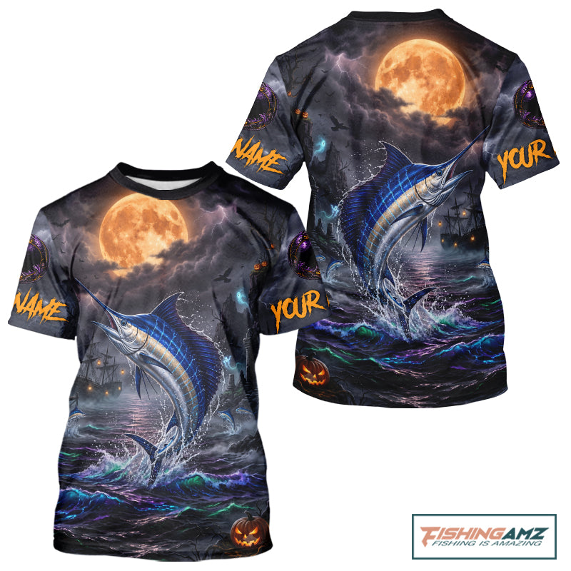 A custom short-sleeve t-shirt with an all-over Halloween-themed graphic print. The design features a large blue marlin jumping out of dark, churning ocean waves under a glowing orange full moon, with customizable text placeholders 'NAME' and 'YOUR' on the sleeves