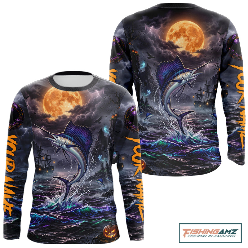 A long-sleeve crewneck shirt shown from both front and back, featuring an all-over Halloween-themed print with a jumping marlin, stormy ocean waves, a large orange moon, ships, and orange vertical text on the sleeves.