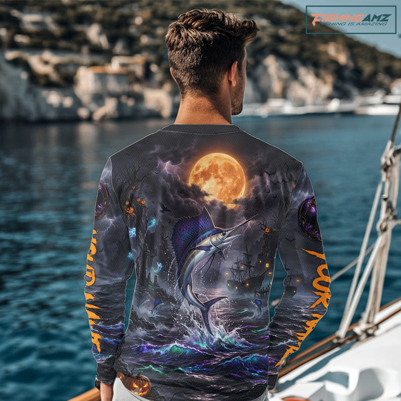 Halloween Sailfish Fishing Shirt Custom Name Long Sleeve Personalized Angler Gift For Men NHT1283