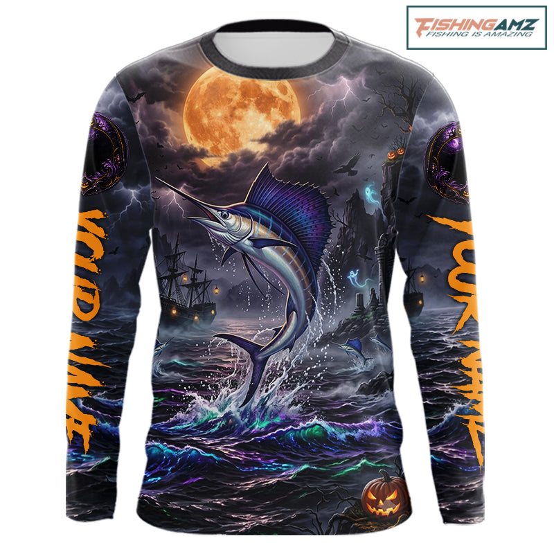 A long-sleeve crewneck shirt with an all-over Halloween-themed graphic print featuring a jumping marlin under a full moon, stormy seas, ghosts, and orange text on the sleeves,