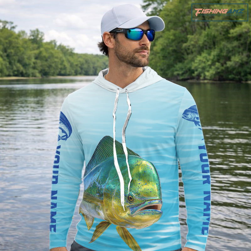 Hooded Mahi Mahi Ocean Blue Performance Fishing Shirt, Mahi Mahi Tournament Fishing Shirts NHT615