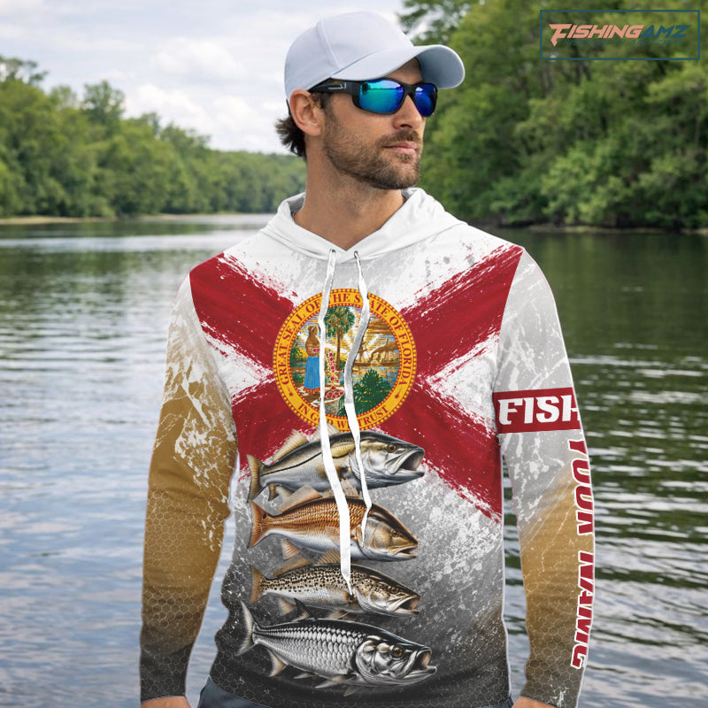 Florida Flag Hooded Fishing Jersey Inshore Grand Slam Snook Redfish Trout Tarpon Gift 