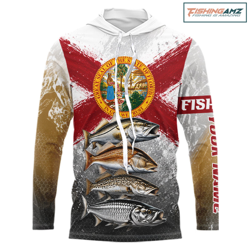Florida Flag Hooded Fishing Jersey Inshore Grand Slam Snook Redfish Trout Tarpon Gift 