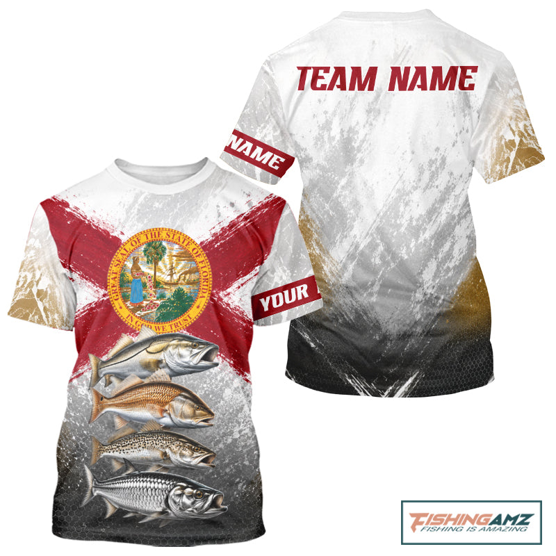 Florida Flag Fishing T-shirt Inshore Grand Slam Snook Redfish Trout Tarpon Gift 