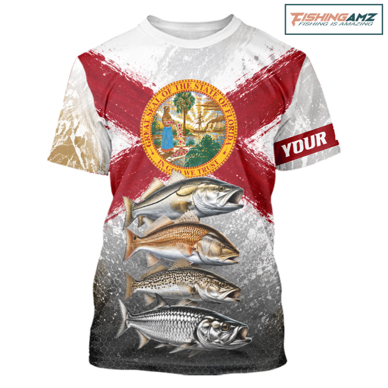 Florida Flag Fishing T-shirt Inshore Grand Slam Snook Redfish Trout Tarpon Gift 