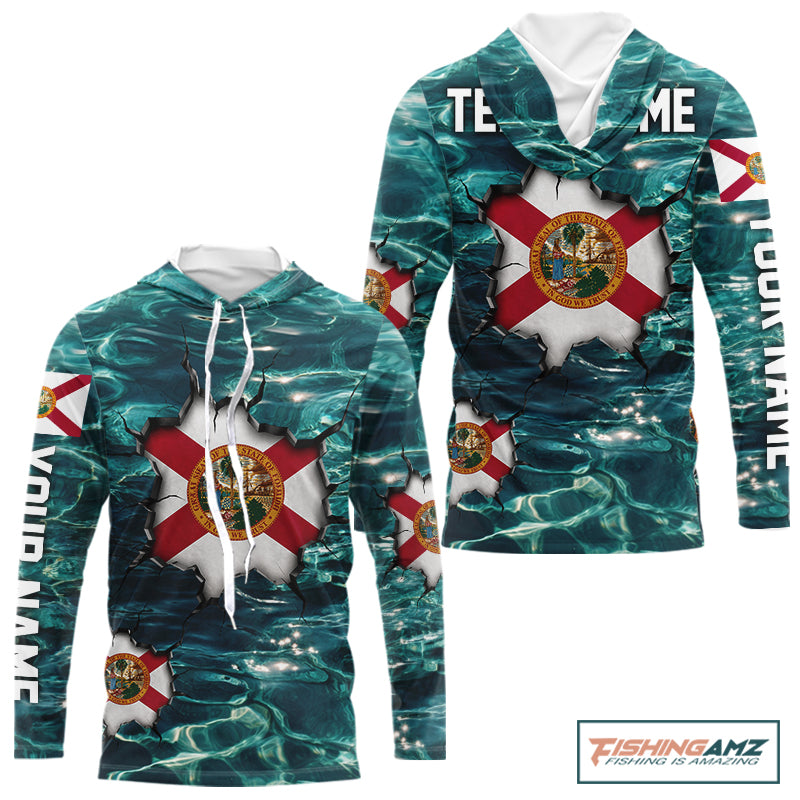 Florida Flag Fish Water Camo Custom Long Sleeve Hooded Fishing Shirts, Performance Fishing Shirts For Men NHT847