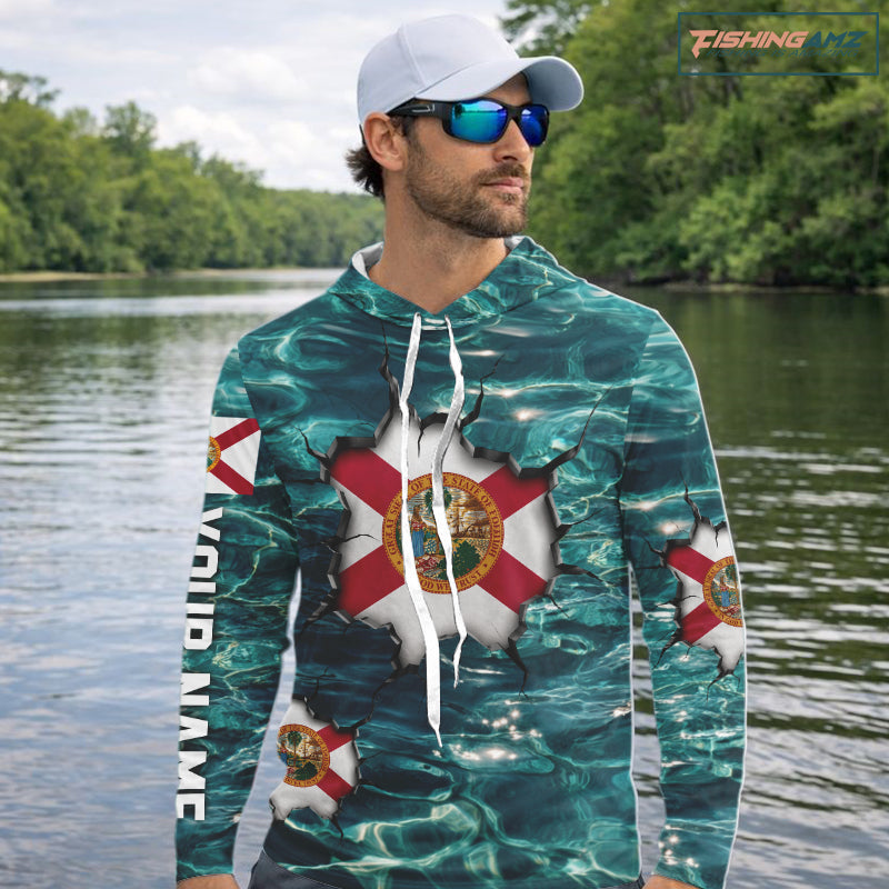 Florida Flag Fish Water Camo Custom Long Sleeve Hooded Fishing Shirts, Performance Fishing Shirts For Men NHT847
