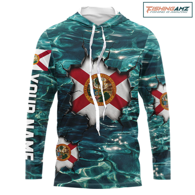 Florida Flag Fish Water Camo Custom Long Sleeve Hooded Fishing Shirts, Performance Fishing Shirts For Men NHT847