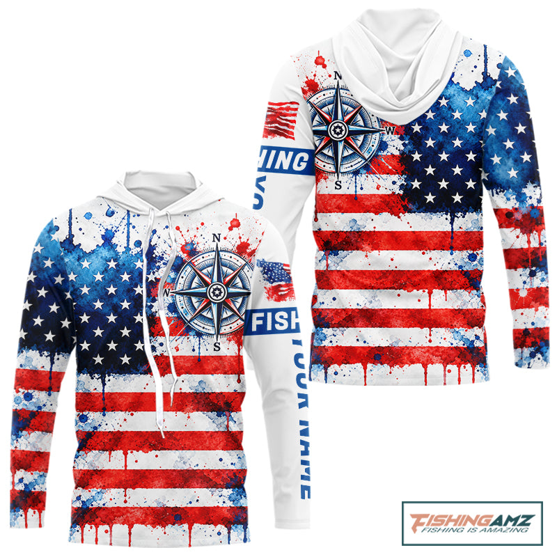 American Flag Compass Hooded Fishing Shirt Shirt Personalized Patriotic Outdoor Gear Performance Apparel NHT1787