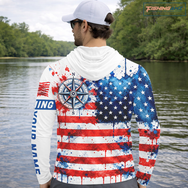 American Flag Compass Hooded Fishing Shirt Shirt Personalized Patriotic Outdoor Gear Performance Apparel NHT1787