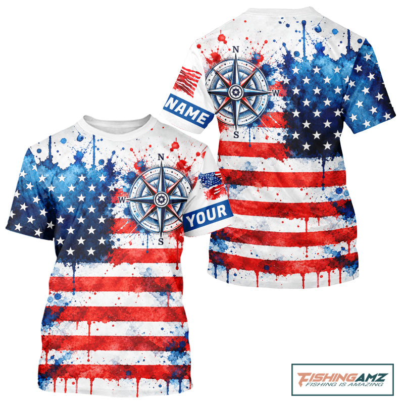 American Flag Compass Short Sleeve Fishing Shirt Shirt Personalized Patriotic Outdoor Gear Performance Apparel NHT1787