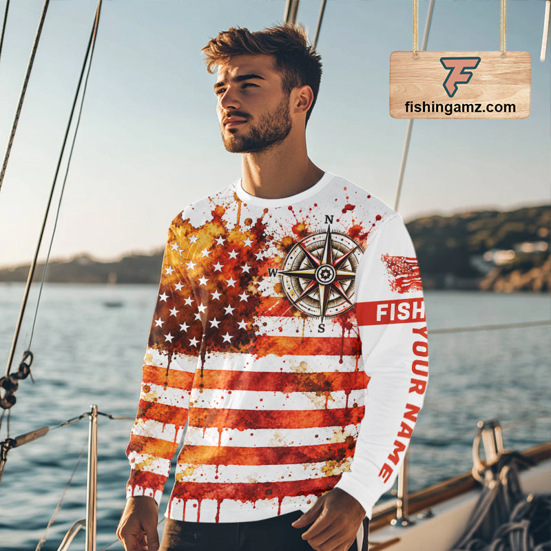 Autumn USA Flag Compass Fishing Shirt Personalized Fall Patriotic Outdoor Gear Performance Apparel NHT1788