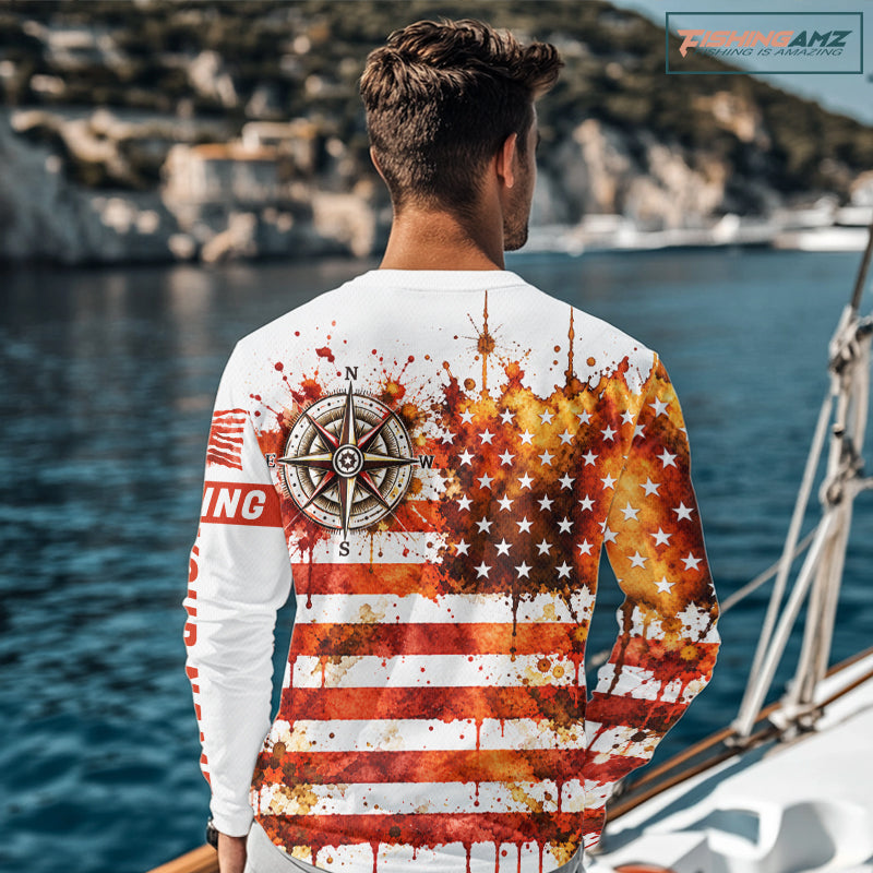 Autumn USA Flag Compass Fishing Shirt Personalized Fall Patriotic Outdoor Gear Performance Apparel NHT1788
