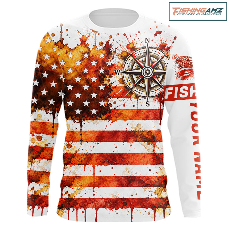 Autumn USA Flag Compass Fishing Shirt Personalized Fall Patriotic Outdoor Gear Performance Apparel NHT1788