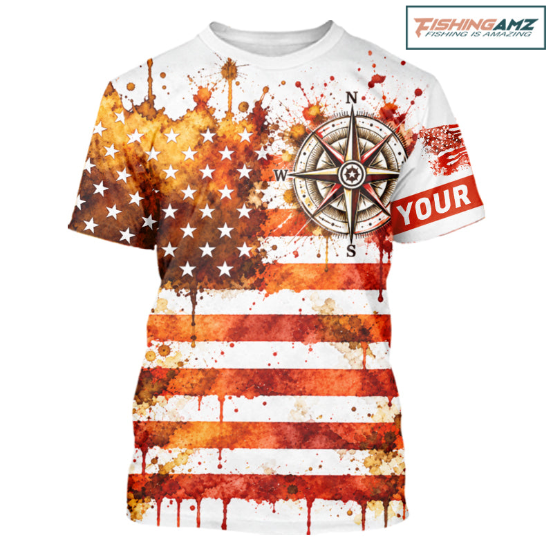 Autumn USA Flag Compass Short Sleeve Fishing Shirt Shirt Personalized Fall Patriotic Outdoor Gear Performance Apparel NHT1788
