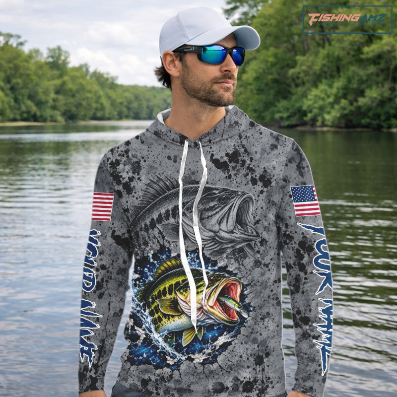 Largemouth Bass Hooded Fishing Shirt Shirt For Men Custom Grey Splash US Flag Outdoor Sports Apparel NHT1791