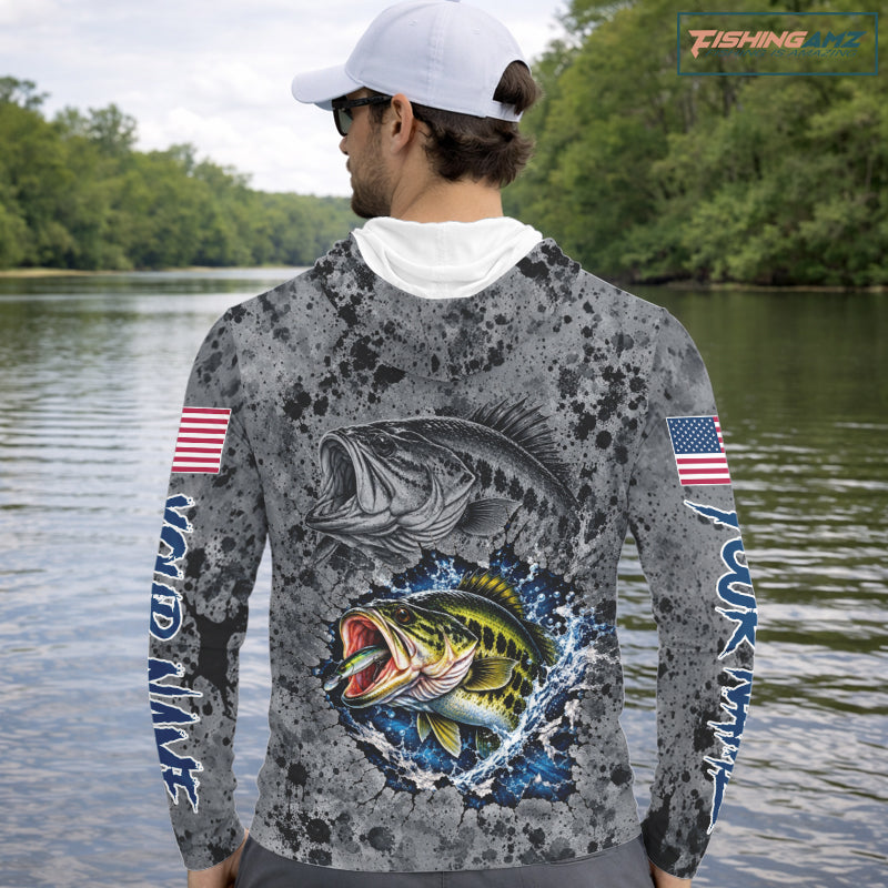Largemouth Bass Hooded Fishing Shirt Shirt For Men Custom Grey Splash US Flag Outdoor Sports Apparel NHT1791