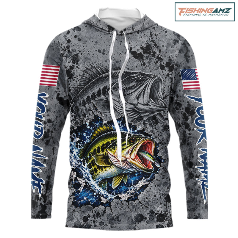 Largemouth Bass Hooded Fishing Shirt Shirt For Men Custom Grey Splash US Flag Outdoor Sports Apparel NHT1791