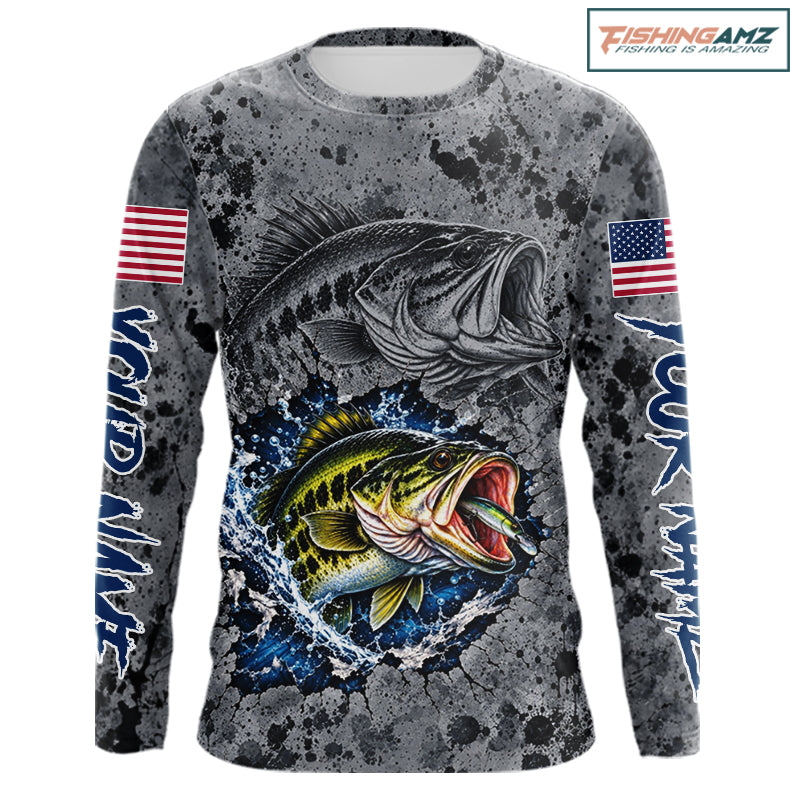 Largemouth Bass Fishing Shirt For Men Custom Grey Splash US Flag Outdoor Sports Apparel NHT1791