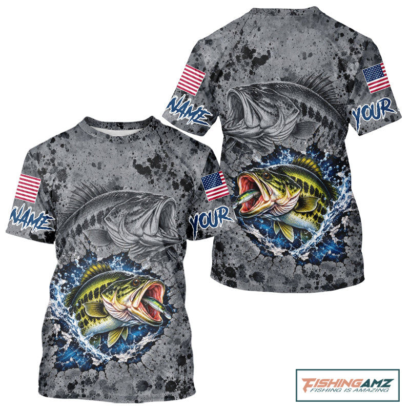 Largemouth Bass Short Sleeve Fishing Shirt Shirt For Men Custom Grey Splash US Flag Outdoor Sports Apparel NHT1791