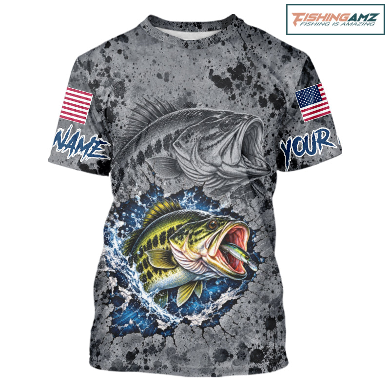Largemouth Bass Short Sleeve Fishing Shirt Shirt For Men Custom Grey Splash US Flag Outdoor Sports Apparel NHT1791