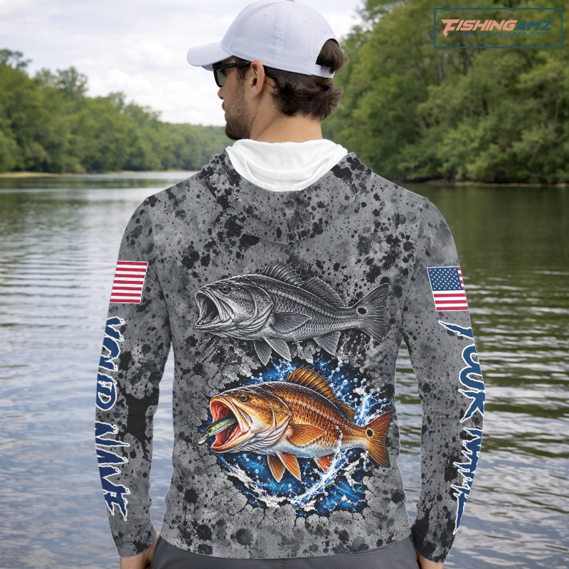 Redfish ( Red Drum) Hooded Fishing Shirt Shirt For Men Custom Grey Splash US Flag Outdoor Sports Apparel NHT1792