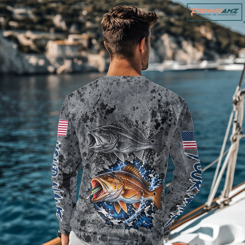 Redfish ( Red Drum) Fishing Shirt For Men Custom Grey Splash US Flag Outdoor Sports Apparel NHT1792