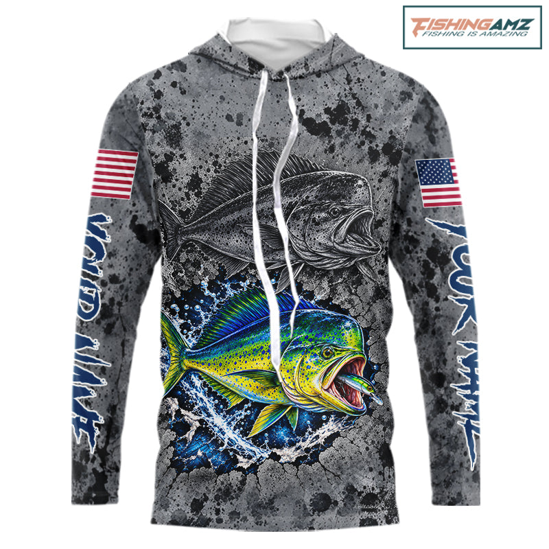 Mahi Mahi Hooded Fishing Shirt Shirt For Men Custom Grey Splash US Flag Outdoor Sports Apparel NHT1793