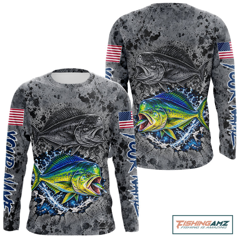 Mahi Mahi Fishing Shirt For Men Custom Grey Splash US Flag Outdoor Sports Apparel NHT1793