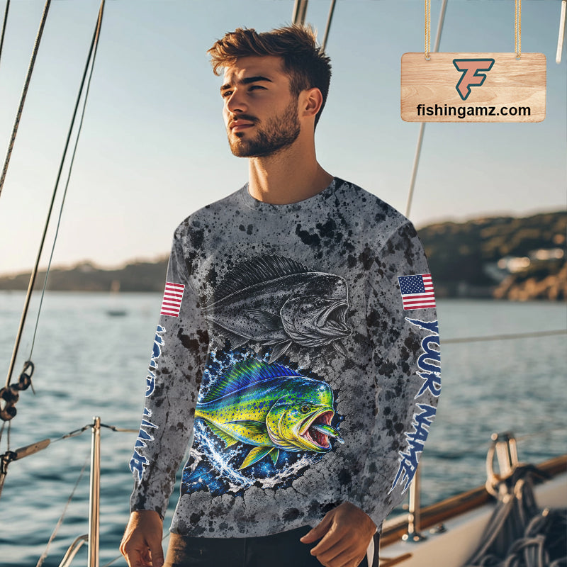 Mahi Mahi Fishing Shirt For Men Custom Grey Splash US Flag Outdoor Sports Apparel NHT1793