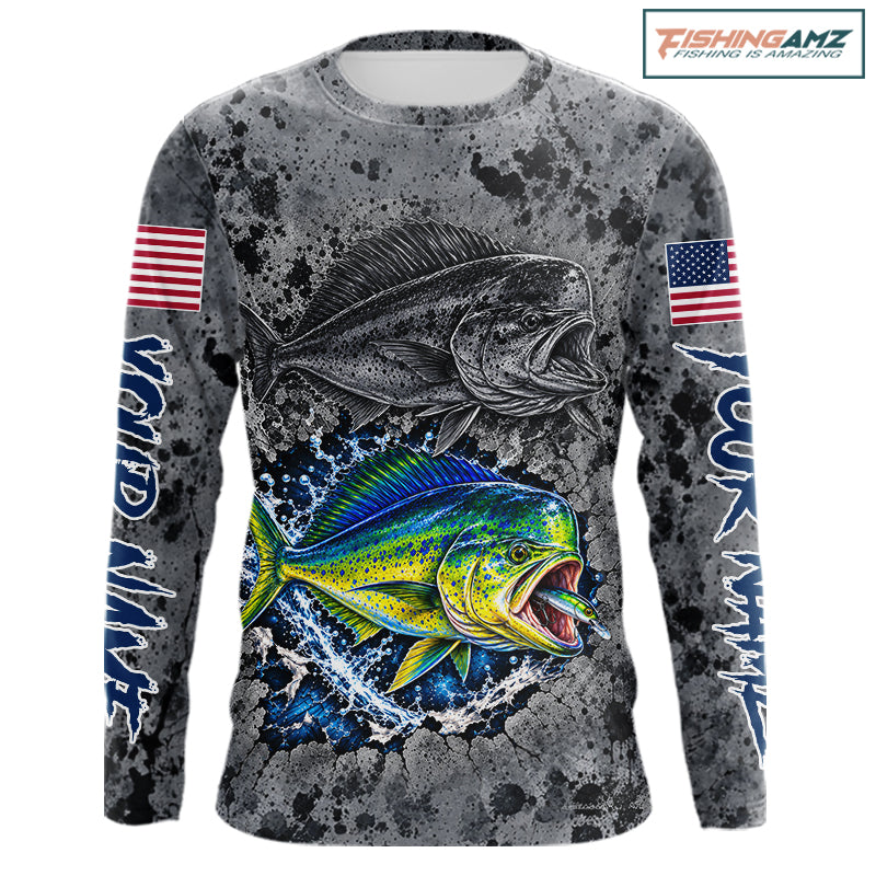 Mahi Mahi Fishing Shirt For Men Custom Grey Splash US Flag Outdoor Sports Apparel NHT1793