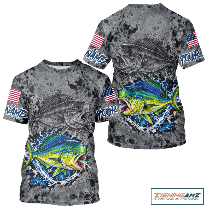 Mahi Mahi Short Sleeve Fishing Shirt Shirt For Men Custom Grey Splash US Flag Outdoor Sports Apparel NHT1793