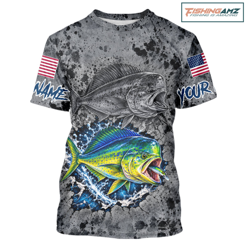 Mahi Mahi Short Sleeve Fishing Shirt Shirt For Men Custom Grey Splash US Flag Outdoor Sports Apparel NHT1793