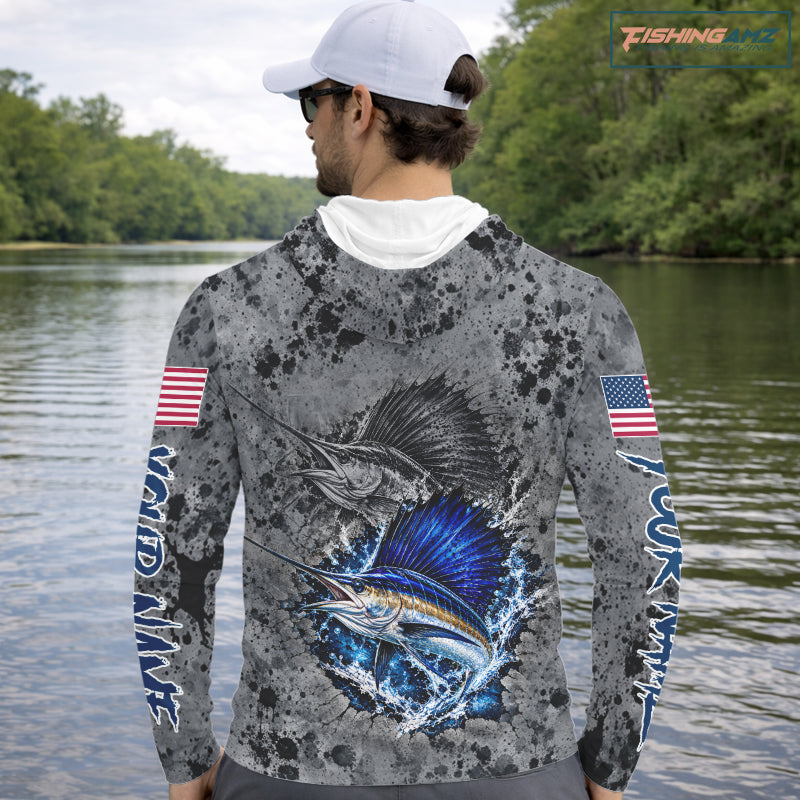 Sailfish Hooded Fishing Shirt Shirt For Men Custom Grey Splash US Flag Outdoor Sports Apparel NHT1794