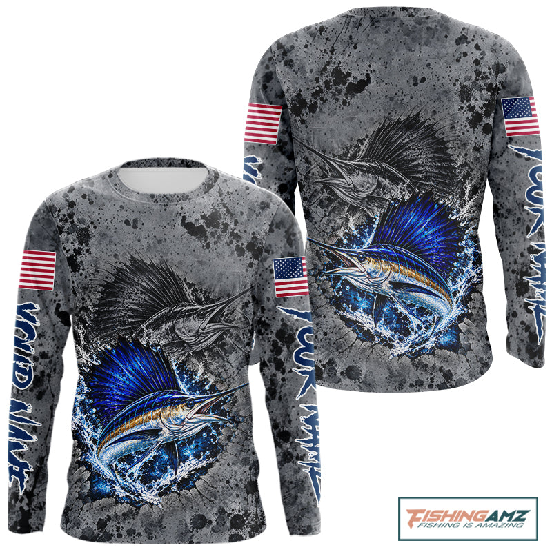 Sailfish Fishing Shirt For Men Custom Grey Splash US Flag Outdoor Sports Apparel NHT1794