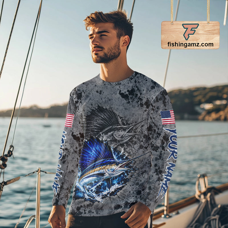 Sailfish Fishing Shirt For Men Custom Grey Splash US Flag Outdoor Sports Apparel NHT1794