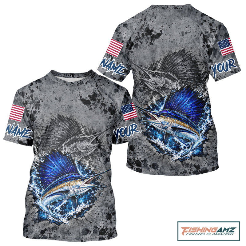 Sailfish Short Sleeve Fishing Shirt Shirt For Men Custom Grey Splash US Flag Outdoor Sports Apparel NHT1794