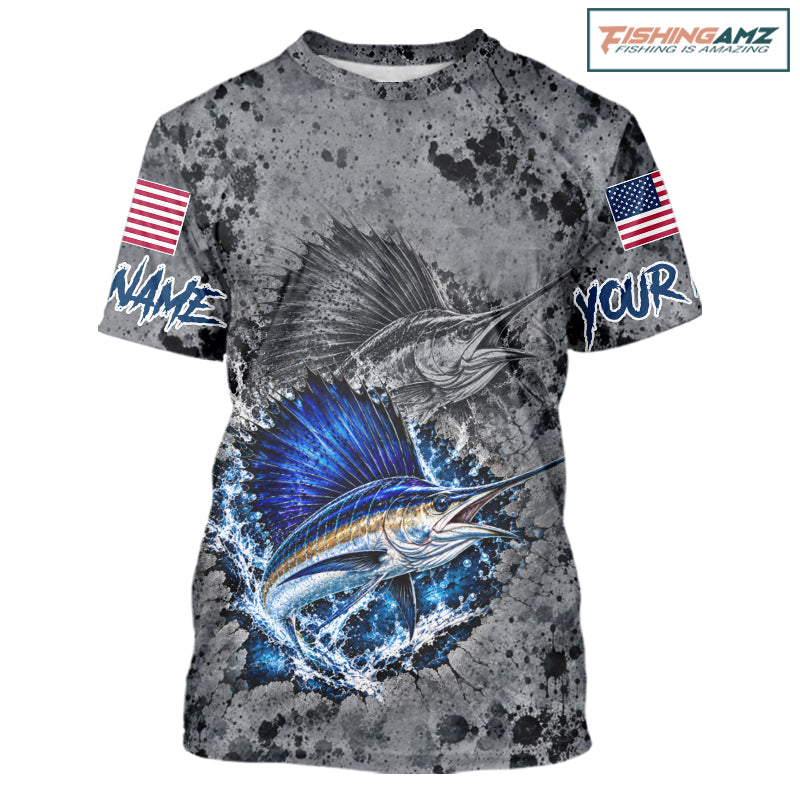 Sailfish Short Sleeve Fishing Shirt Shirt For Men Custom Grey Splash US Flag Outdoor Sports Apparel NHT1794