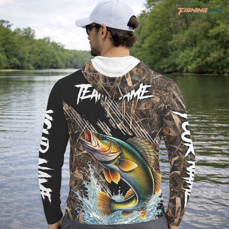 Walleye Fishing Shirts Long Sleeve Hooded Camouflage For Men, Walleye Fishing Apparel NHT434